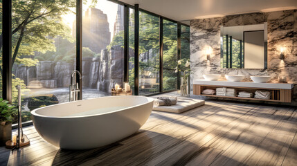 Fototapeta premium Luxury Bathroom in a Luxury Apartment with Beautiful View Concept Study Illustration Digital Art Generative AI Wallpaper Brainstorming
