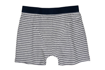 Male underwear isolated. Close-up of gray striped boxer short isolated on a white background. Mens underwear fashion. Clipping path. Short pants. Boys fashion.