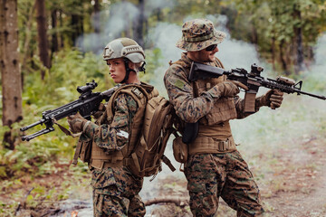 Modern Warfare Soldiers Squad Running in Tactical Battle Formation Woman as a Team Leader
