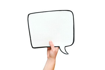 Speech bubble in hand on a transparent background. Comic cloud with a place for text