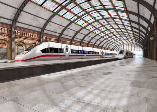 old classic train station and new deutsche bahn ice 4 trains no people 3d render