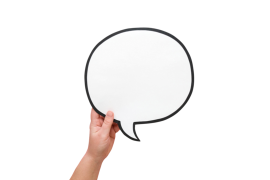 Speech bubble in hand on a transparent background. Comic cloud with a place for text