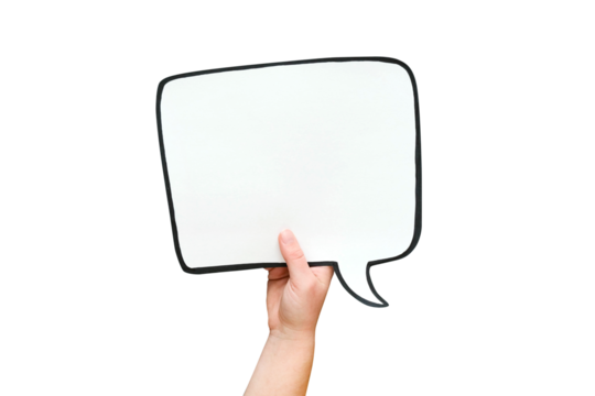 Speech bubble in hand on a transparent background. Comic cloud with a place for text - Powered by Adobe