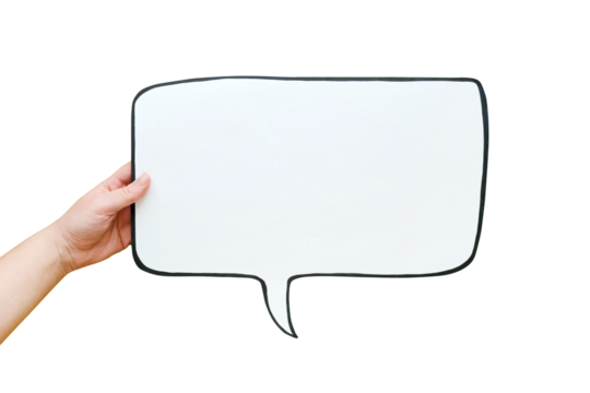 Speech bubble in hand on a transparent background. Comic cloud with a place for text