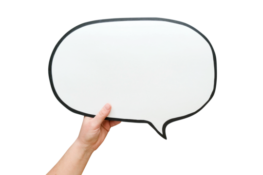 Speech bubble in hand on a transparent background. Comic cloud with a place for text