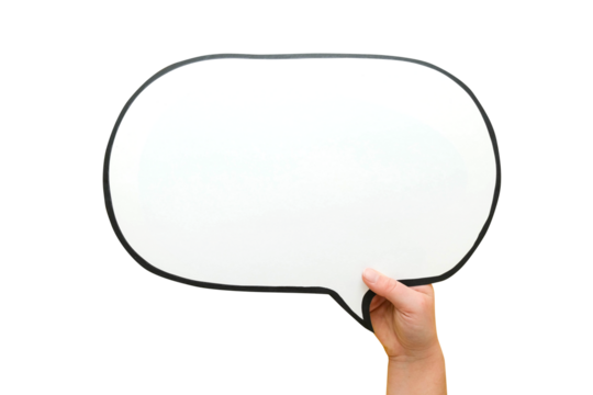 Speech bubble in hand on a transparent background. Comic cloud with a place for text