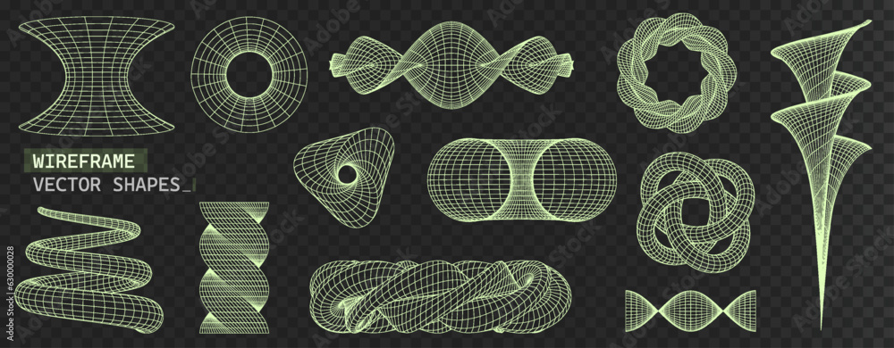 Leinwandbilder wireframe 3d shapes set. abstract grid y2k futuristic aesthetic., surface mesh and geometric wirefra
