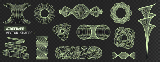 Wireframe 3D shapes set. Abstract Grid y2k futuristic aesthetic., surface mesh and geometric wireframe shapes. Cyberpunk vector elements. - obrazy, fototapety, plakaty