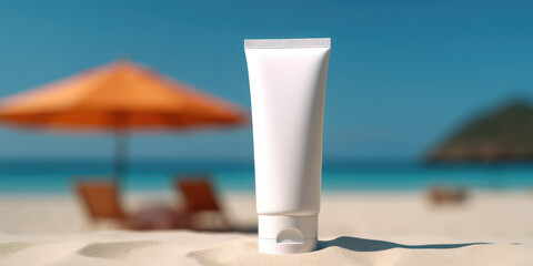 mock-up of a tube of sunscreen lotion on the beach