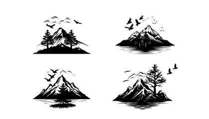 Vector illustration collection of different mountain icons in flat style. Rocks, mountains and hills set isolated on white background.