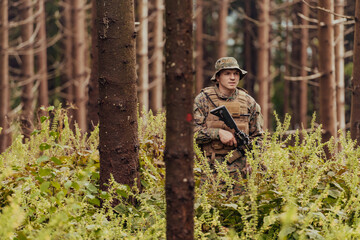 A modern warfare soldier on war duty in dense and dangerous forest areas. Dangerous military rescue operations