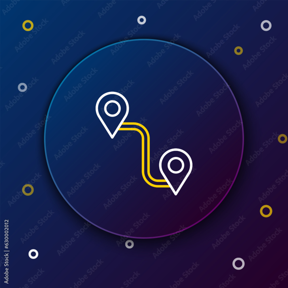 Poster Line Route location icon isolated on blue background. Map pointer sign. Concept of path or road. GPS navigator. Colorful outline concept. Vector