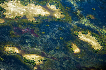 Aerial view of patterns in the Okavango Delta as the river moves
