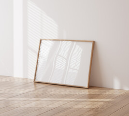 Mock up frame in children room with natural wooden furniture, 3D render © artjafara