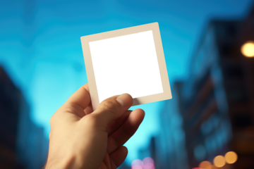 hand hold polaroid photo. Copy space transparent background mockup ready to be customized