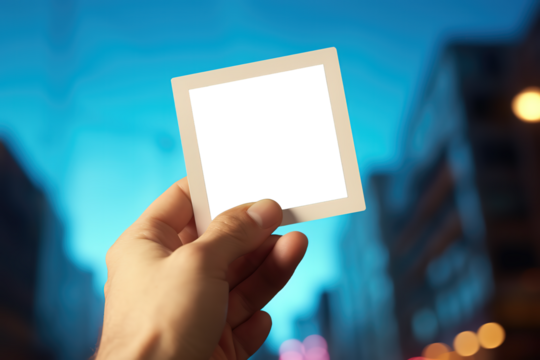 hand hold polaroid photo. Copy space transparent background mockup ready to be customized