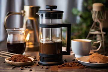 french press coffee maker with timer and coffee grounds