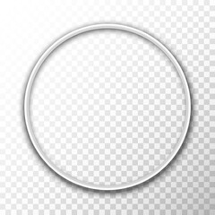 Realistic circle frame isolated on transparent background. Metal shiny white frame with shadow. Round decorative element for picture, banner, card, poster. 3d vector illustration