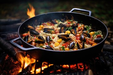 tongs stirring seafood pasta in pan over campfire