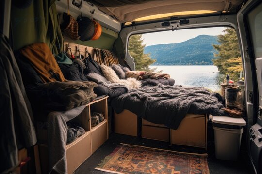 open van with travel gear and cozy interior