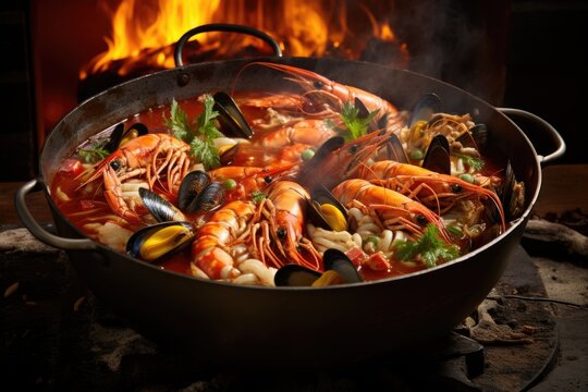 boiling pot of seafood pasta over open flames