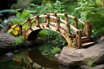 Fototapeta na wymiar handmade wooden pond bridge over a serene pond