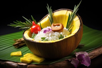 thai curry in a coconut bowl with lemongrass garnish