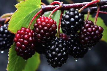 close-up of ripe wild blackberries on a branch