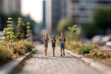 Miniature people figurines of young couple in sport clothing walking along city street together