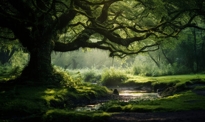 Naklejka premium A beautiful view of countryside landscape with green grass and old trees. Nature design theme.