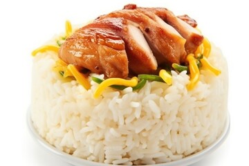 cooked rice with topping of grilled chicken breast with kimchi