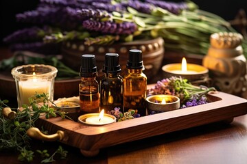 aromatherapy oils and candles on a wooden tray
