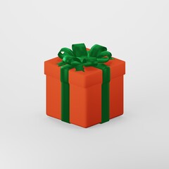 Orange gift box with green ribbon bow. Concept of abstract holiday, birthday or wedding present or surprise. 3d isolated