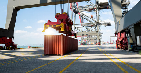 Crane unloading container in the port - obrazy, fototapety, plakaty
