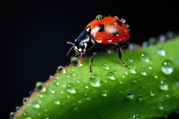 ladybug hunting aphids on a green stem
