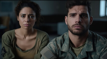 Selective focus of sad soldier looking at camera while his wife sitting behind
