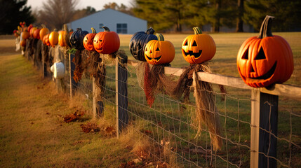 Halloween pumpkins on a fence in a farm setting with copy space