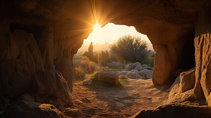 Open empty tomb of Jesus with sunset view