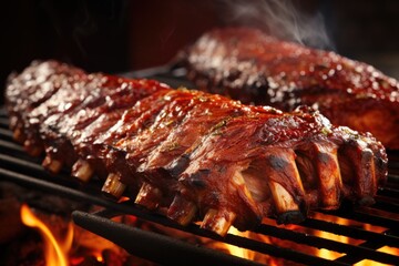 Fototapeta close-up of juicy bbq ribs on a grill obraz