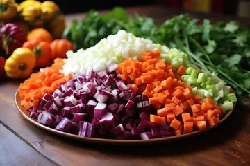 Zelfklevend Fotobehang chopped vegetables for beetroot soup preparation © Natalia