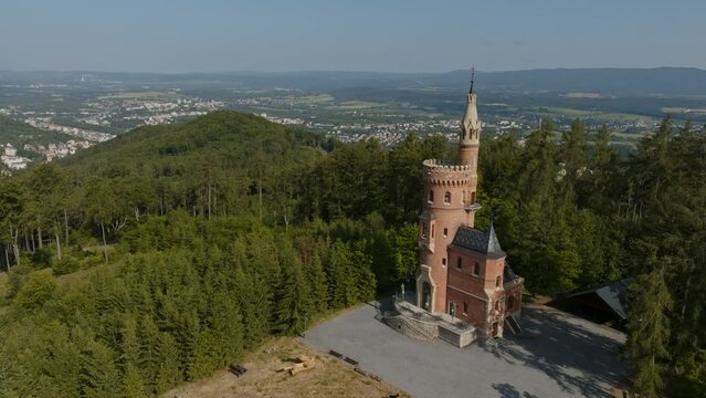 Aerial view of Goethe's Lookout Tower on Karlovy Vary (Carlsbad) hilltop, Czech Republic.