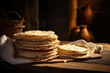 tortillas stacked neatly on a rustic table
