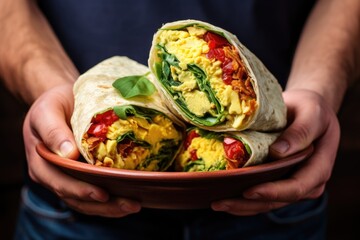 assembling breakfast burrito with scrambled eggs