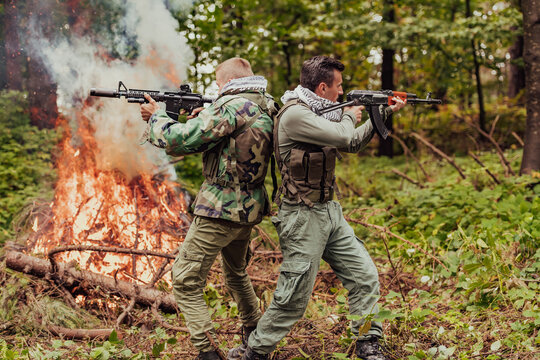 Angry terrorist militant guerrilla soldier warrior in forest