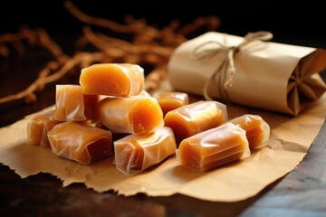 homemade caramel candies wrapped in parchment paper