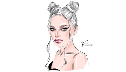 Beautiful young woman with makeup, hand drawn in vector format.