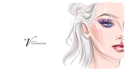 Beautiful young woman with makeup, hand drawn in vector format.