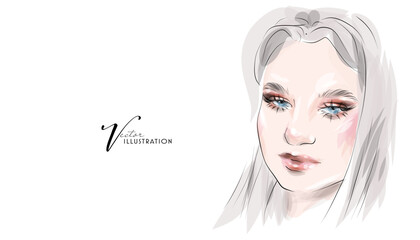 Beautiful young woman with makeup, hand drawn in vector format.