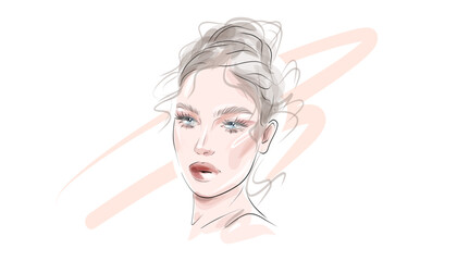 Beautiful young woman with makeup, hand drawn in vector format.