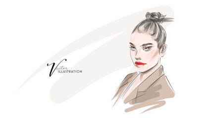 Beautiful young woman with makeup, hand drawn in vector format.